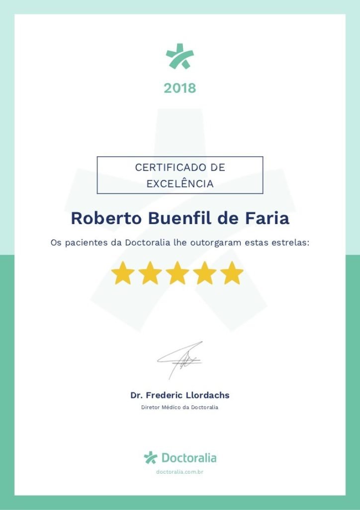 Certificado de Excelência concedido ao Dr Roberto Faria pelo Portal Doctoralia